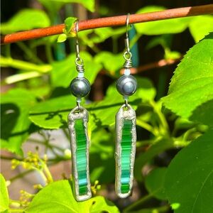 Handmade Vintage Artisan Stained Glass and Peacock Freshwater Pearl Earrings